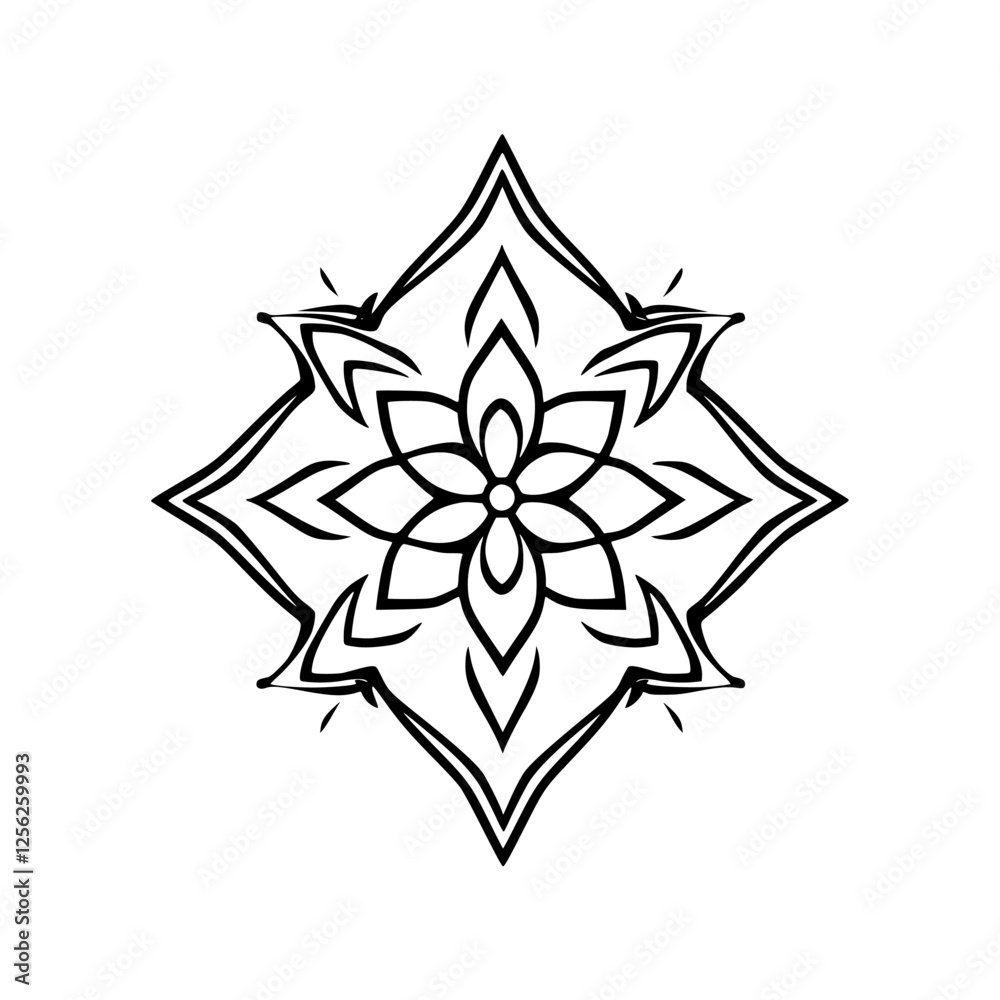 Obraz premium Simple Black and White Star-Shaped Mandala Illustration, Mandala Flower Symbol on White Background.