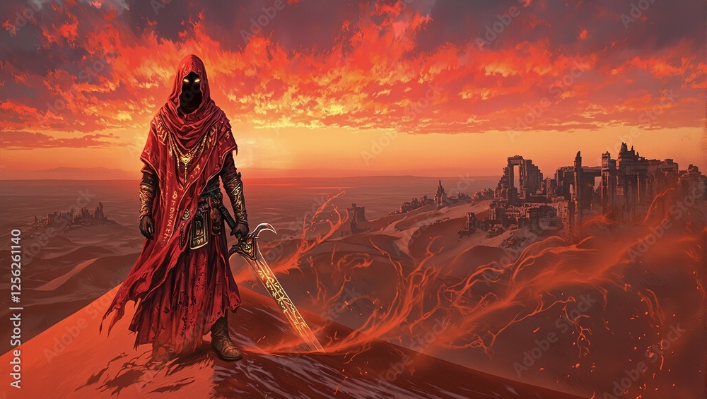 A mysterious nomad in crimson robes illuminated by the fading desert sun Golden eyes pierce through a veil ancient runes shimmering on cloak and sword A mysterious nomad in crimson robes illuminated by the fading desert sun Golden eyes pierce through a veil ancient runes shimmering on cloak and sword