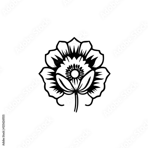 Simplified Monochrome Flower: A stylized, close-up, black and white illustration of a flower, on a white background.