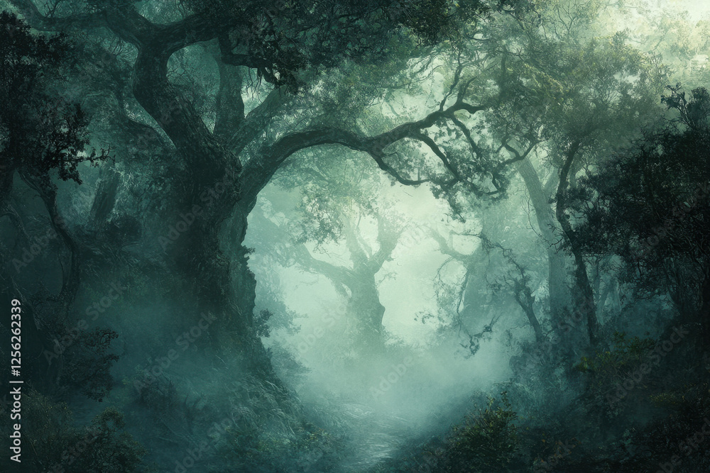 Thick fog enveloping a dense woodland, creating an eerie and mysterious atmosphere Generative AI Thick fog enveloping a dense woodland, creating an eerie and mysterious atmosphere Generative AI