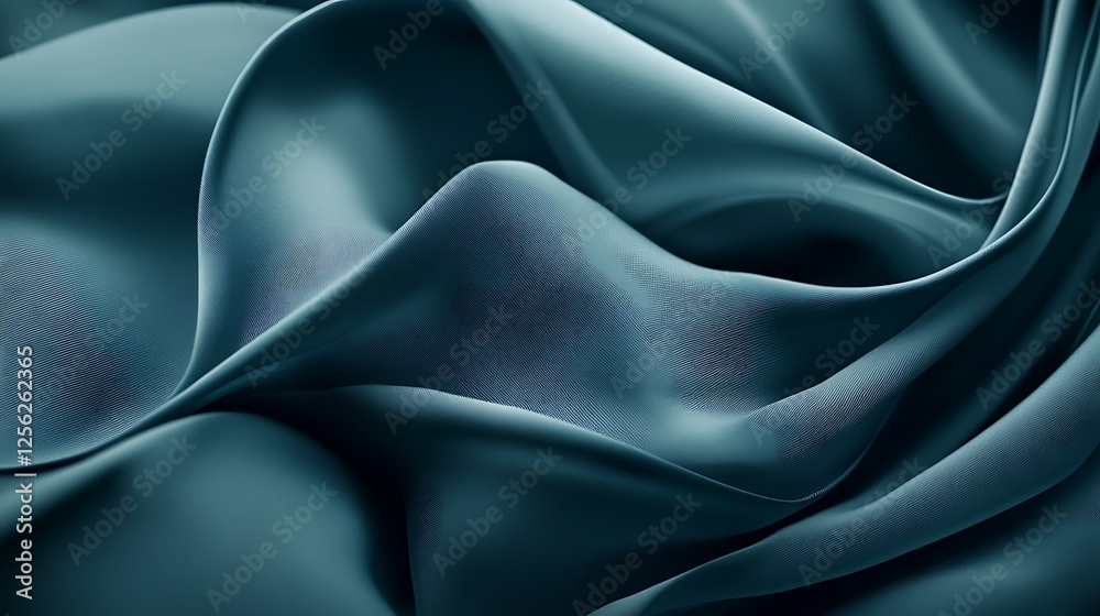 Fototapeta premium Teal silk fabric drapes, soft folds, background blur, texture design