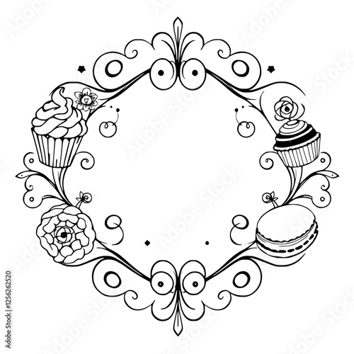 Ornamental Oval Frame with Cupcake, Macaron, and Floral Design.