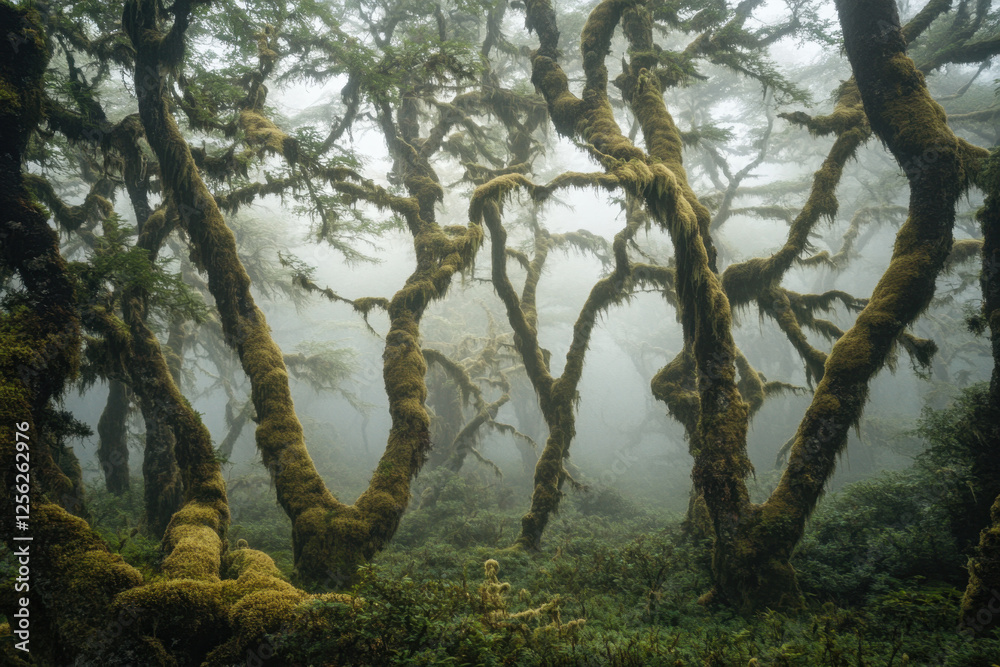 Fototapeta premium Dense fog rolling through a mystical forest, soft light filtering through the trees Generative AI