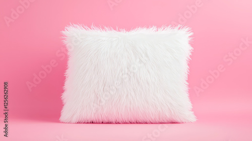 Soft white furry pillow on a vibrant pink background creating a cozy decorative accent in modern home decor
