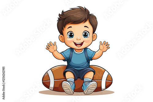 A toddler sitting on a football, smiling and clapping, simple and adorable illustration, white backg (1)