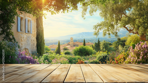 Wooden Tabletop with an Italian Medieval Village Background. Wooden Table Top Mockup For Products Background






 photo