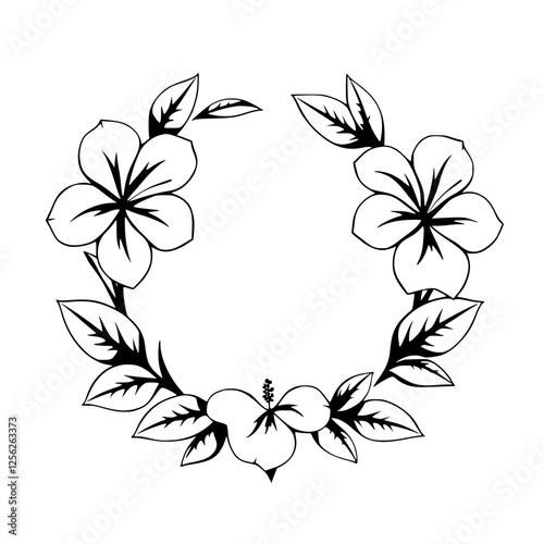Black and white floral illustration depicting a flower wreath with hibiscus at each corner.