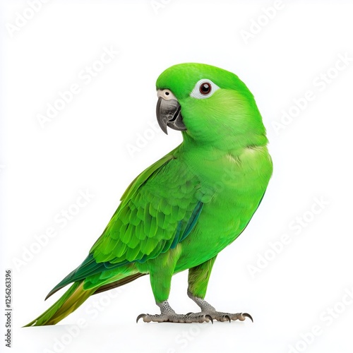 Cheerful bright green parakeet posing against a white background with an engaging expression photo