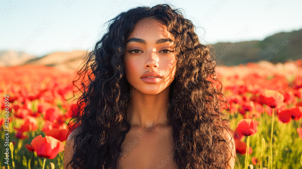 Naklejka premium A woman with long dark curly hair stands in a stunning poppy field, bathed in warm golden light, exuding poise and beauty amidst nature's brilliance