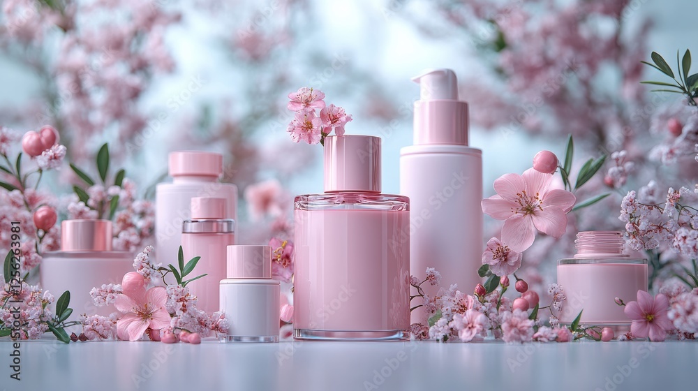 Aesthetic arrangement of pink skincare products surrounded by delicate cherry blossom flowers, offering a serene and elegant vibe for beauty lovers. Aesthetic arrangement of pink skincare products surrounded by delicate cherry blossom flowers, offering a serene and elegant vibe for beauty lovers.