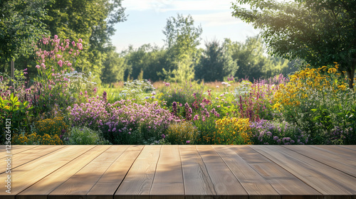 Wooden Tabletop with a Rural Garden Background. Mockup For Products Background.