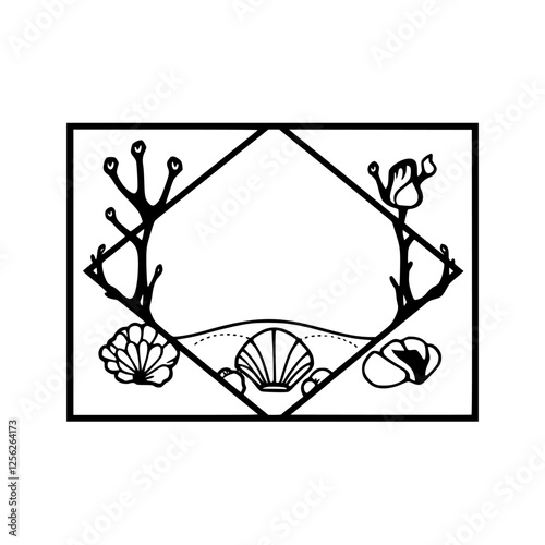 Floral arrangement within a geometric diamond in a rectangular frame in black and white.