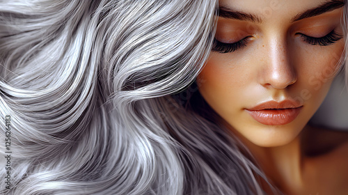 Stunning closeup of a woman with long, flowing silvergrey hair.  Her eyes are closed, showcasing flawless skin and makeup.  Perfect for beauty, fashion, and haircare advertising. photo
