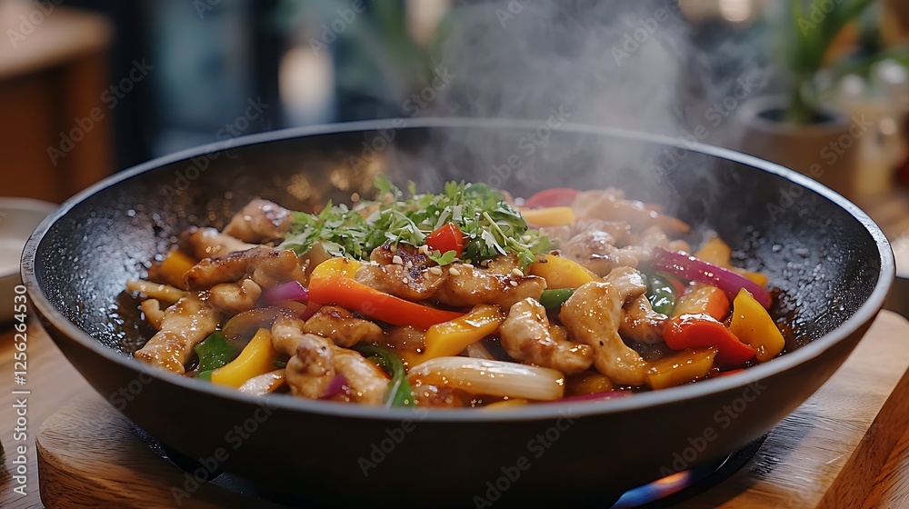 Steaming hot chicken stir-fry with bell peppers and onions in a wok. Steaming hot chicken stir-fry with bell peppers and onions in a wok.