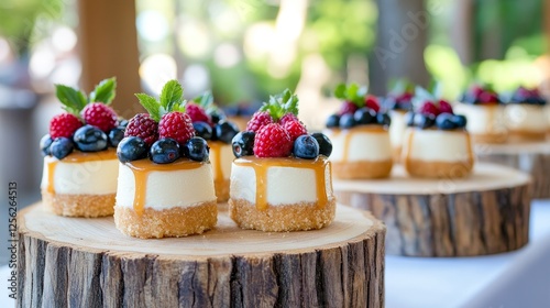 Delicious Mini Cheesecakes with Berries - Assortment of mini cheesecakes topped with fresh berries and caramel drizzle, displayed on rustic wooden slices. Perfect for events or parties photo