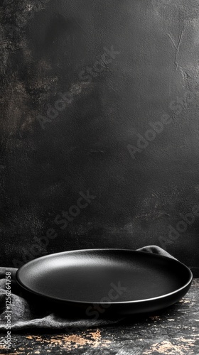 Empty black ceramic plate on dark textured background with fabric napkin, minimalist kitchen table setting, modern food presentation concept