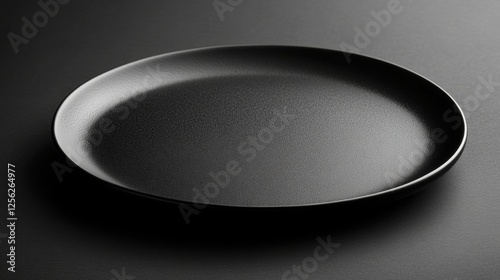 Black empty plate on dark textured background with soft lighting and minimalistic design