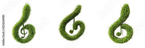 Set of A treble clef made of fresh green grass and colorful wildflowers, intricately arranged  on transparent png background