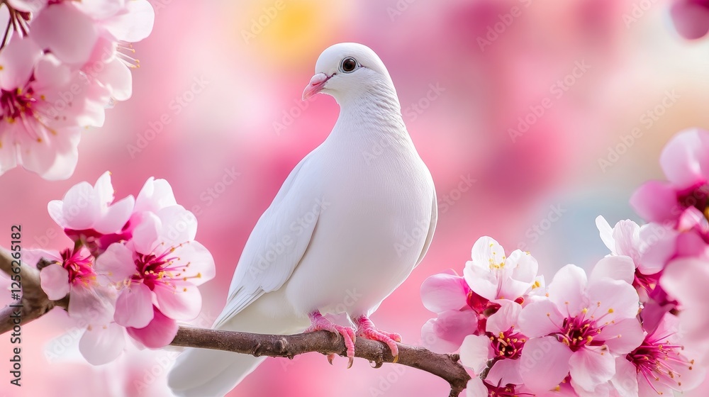 Dove of Peace Amidst Blossoms - A serene white dove rests on a blossoming branch, symbolizing peace, hope, purity, new beginnings, and spring Dove of Peace Amidst Blossoms - A serene white dove rests on a blossoming branch, symbolizing peace, hope, purity, new beginnings, and spring