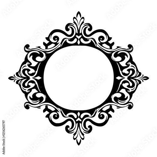 Intricate black and white ornamental frame in a diamond shape, classic, circular center.