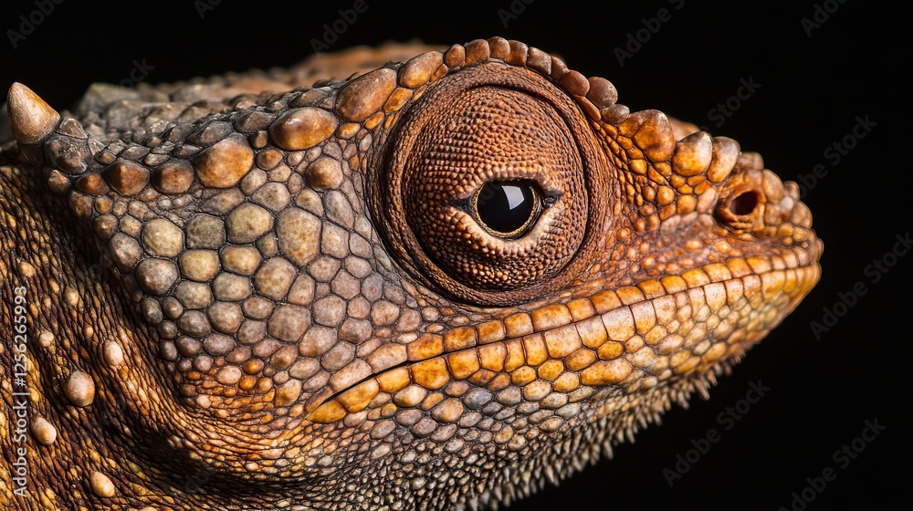Fototapeta premium A close-up picture of a chameleon's head shows its scaly skin and keen eye. The picture is dark in the background, which makes the chameleon's features stand out.