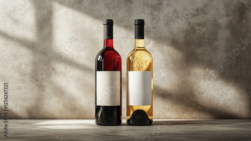 Two wine bottles, one red and one white, are elegantly arranged on a neutral background, highlighting their shapes and colors