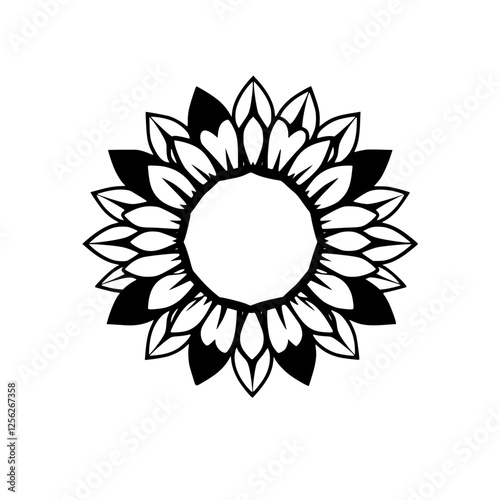 Stylized floral illustration of a sunflower, featuring grayscale petals and a central white circle on a white background.