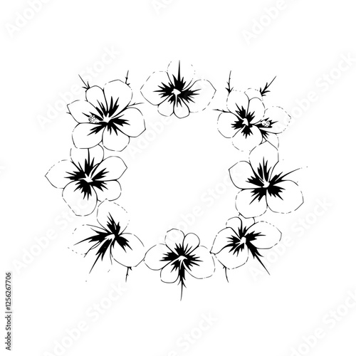 Floral Wreath: A circular arrangement of hibiscus flowers, outlining in gray, creating a minimalist and modern design.