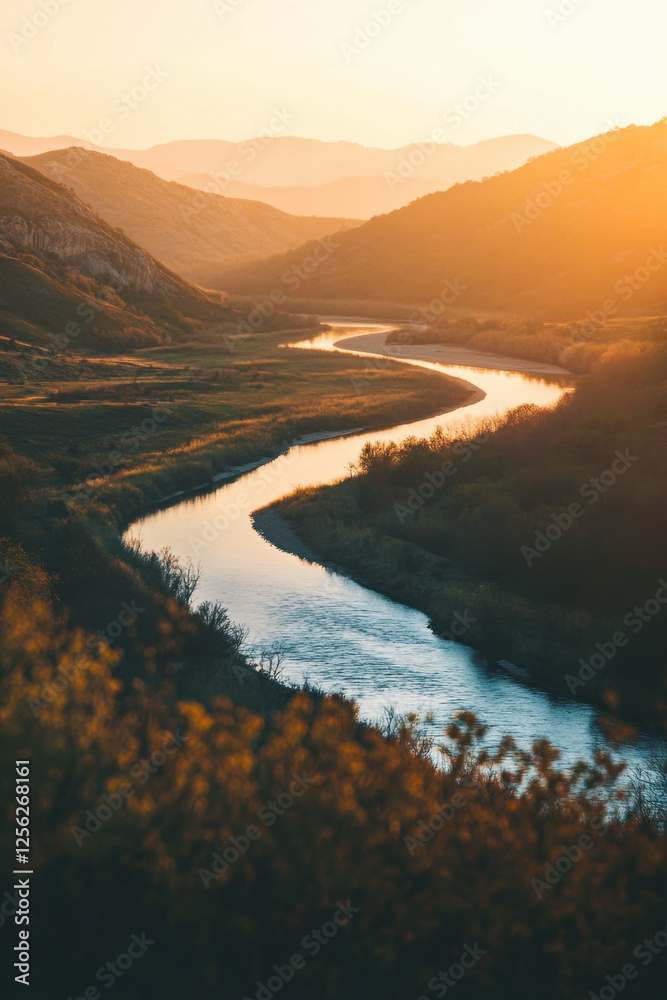 Fototapeta premium A photo of a quiet river winding through a valley Generative AI 