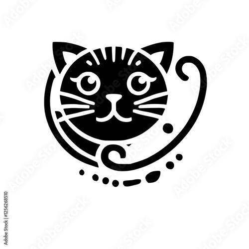 Stylized cat head with decorative swirls, a simplistic silhouette in black and white, isolated on a white background.