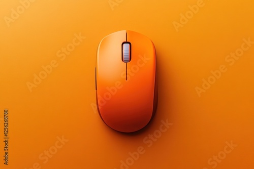 Bright orange computer mouse rests on an empty orange surface, showcasing a sleek design suitable for workspace organization or branding