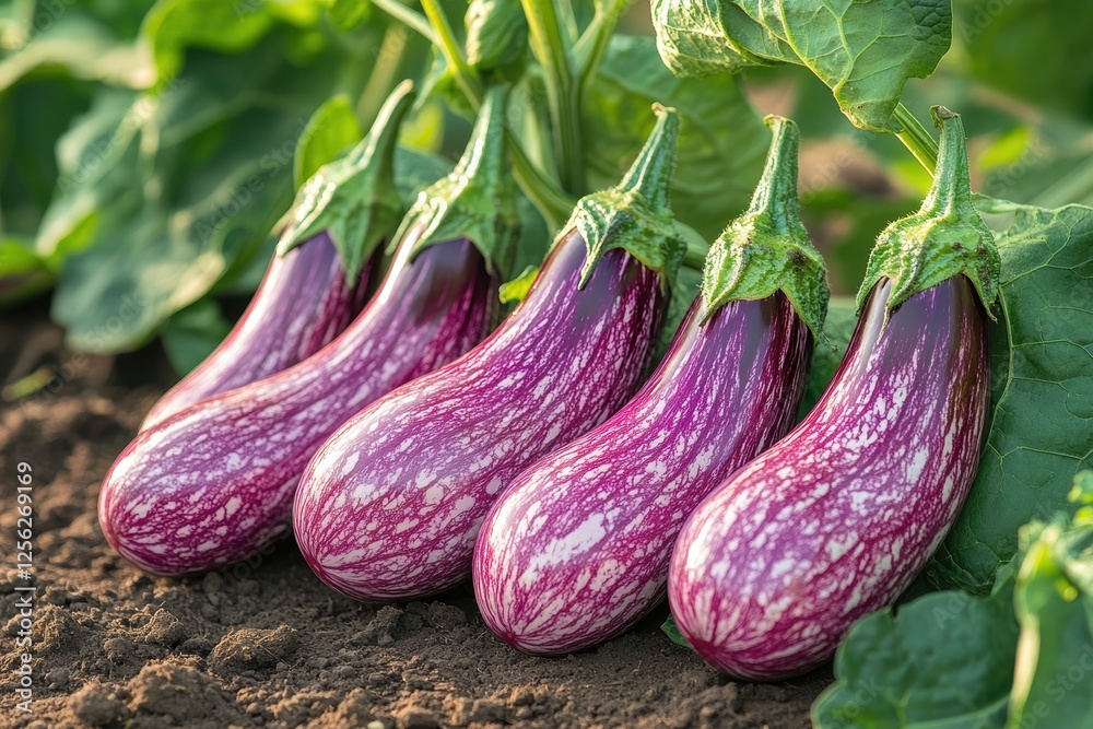 Freshly harvested eggplants grow in a lush garden, showcasing their vibrant purple color and smooth texture against a rich, dark soil background.
