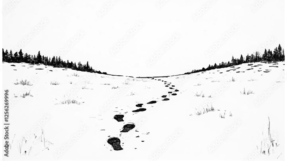 Fototapeta premium Footprints in Snow Covered Landscape