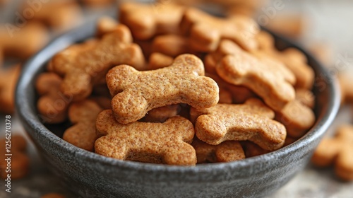 A bowl filled with dog-shaped biscuits, ideal for pet treats.