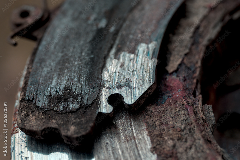 Used brake pad and rusty disc