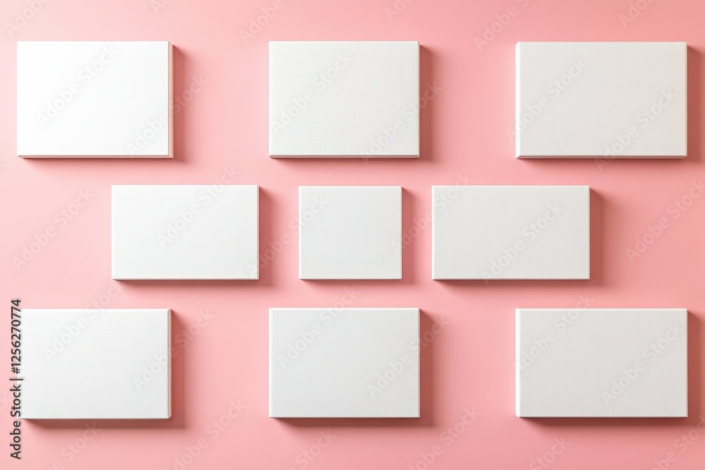 Fototapeta premium Minimalist arrangement of blank canvases on soft pastel pink background