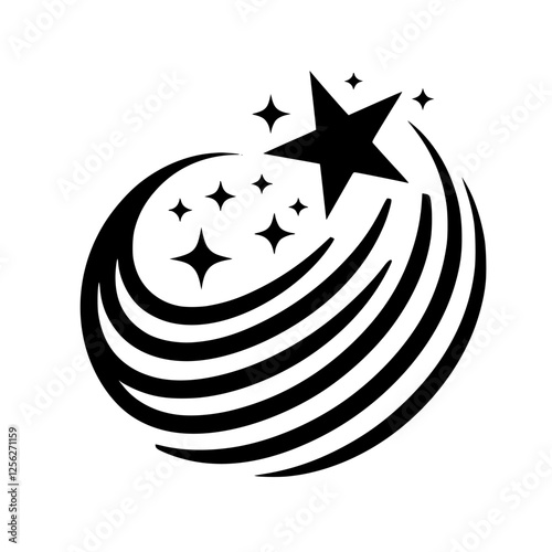 Black starburst logo with orbiting stars and trailing lines.