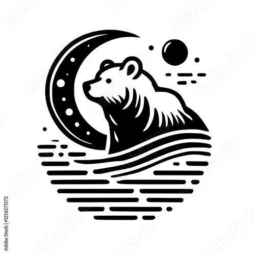 Black and white minimalist bear silhouette set against a backdrop of a crescent moon, with a circle and additional dots.