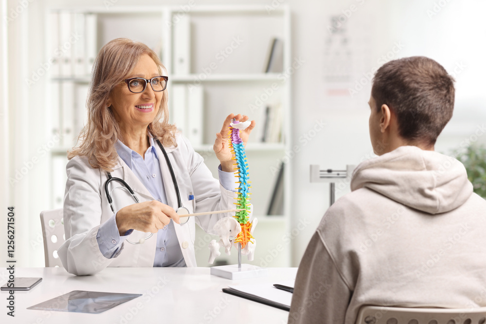 Fototapeta premium Doctor at the office talking to a male patient and showing a human spine model