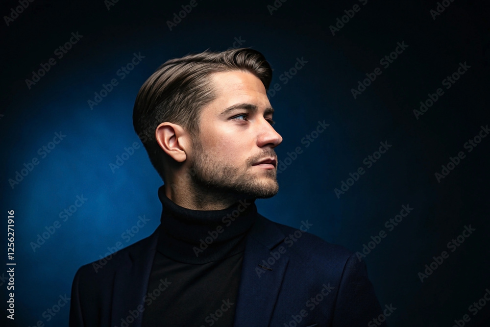 Fototapeta premium Confident man, profile view, dark background, studio shot, portrait