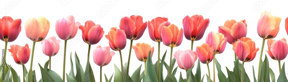 A vibrant row of tulips in various shades of pink and red, showcasing their beauty against a bright, white background. A vibrant row of tulips in various shades of pink and red, showcasing their beauty against a bright, white background.