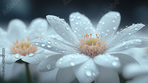 Closeup of delicate white flowers glistening with morning dew.  Soft, serene aesthetic perfect for nature, beauty, or sparelated projects.  Evokes feelings of calmness and purity. photo