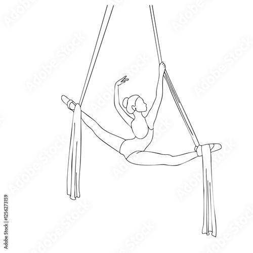 Aerial silks performer gracefully balances in a split pose, showcasing strength, flexibility, and elegance. This minimalist vector line art captures the essence of acrobatics, dance, and circus arts