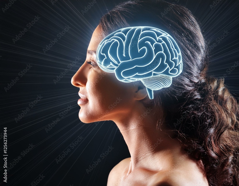 Obraz premium silueta del cerebro de la cual emanan rayos de luz en el espacio