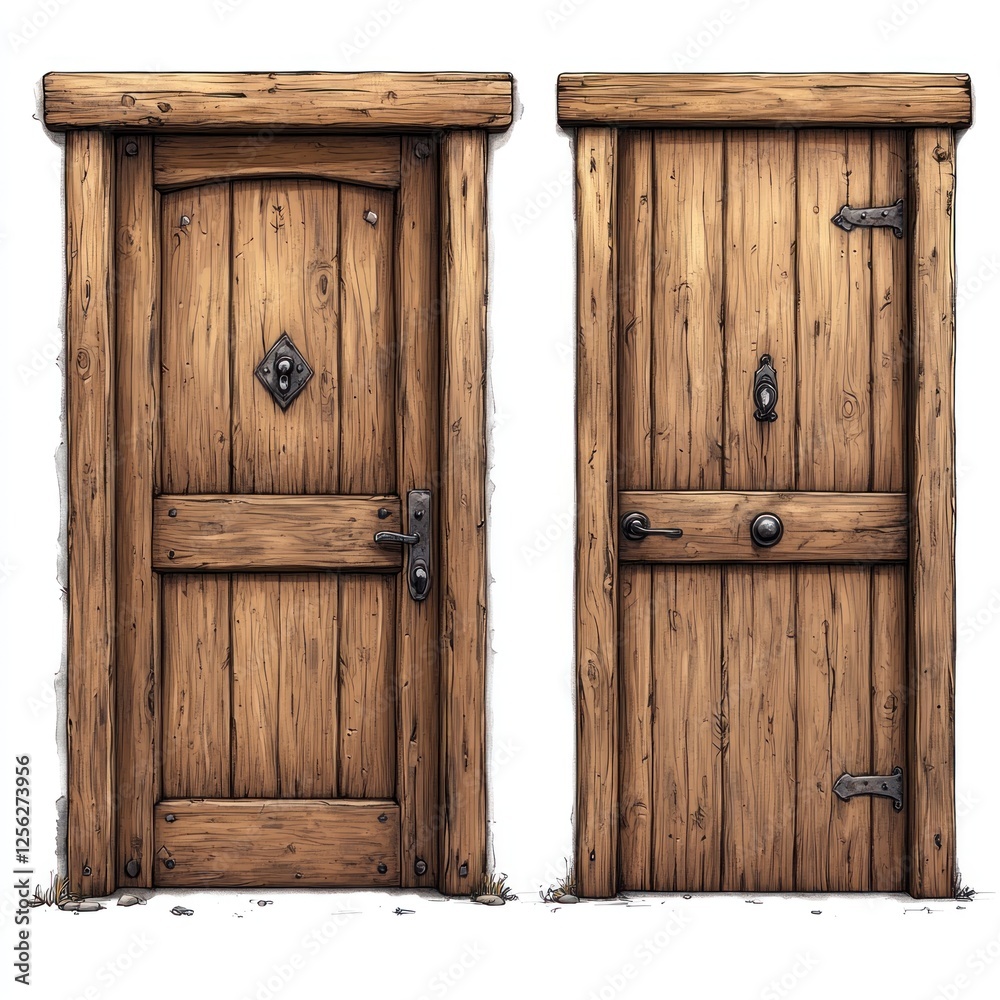 Two rustic wooden doors, medieval style, outdoor setting, with background foliage Two rustic wooden doors, medieval style, outdoor setting, with background foliage