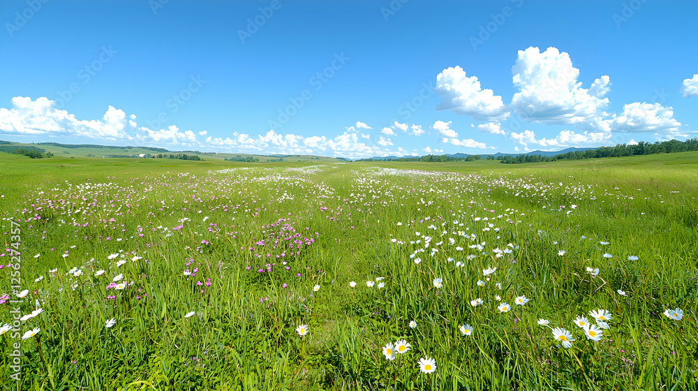 Fototapeta premium Sunny meadow, wildflowers, blue sky, summer landscape, nature background