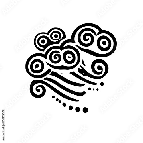 Artistic cloud-like abstraction composed of swirling black lines and concentric circles, minimalistic style.