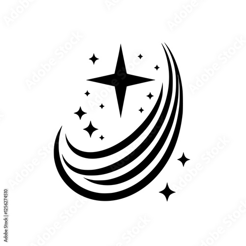 Black and white illustration of a star with shooting streaks, stars, and a comet-like element.