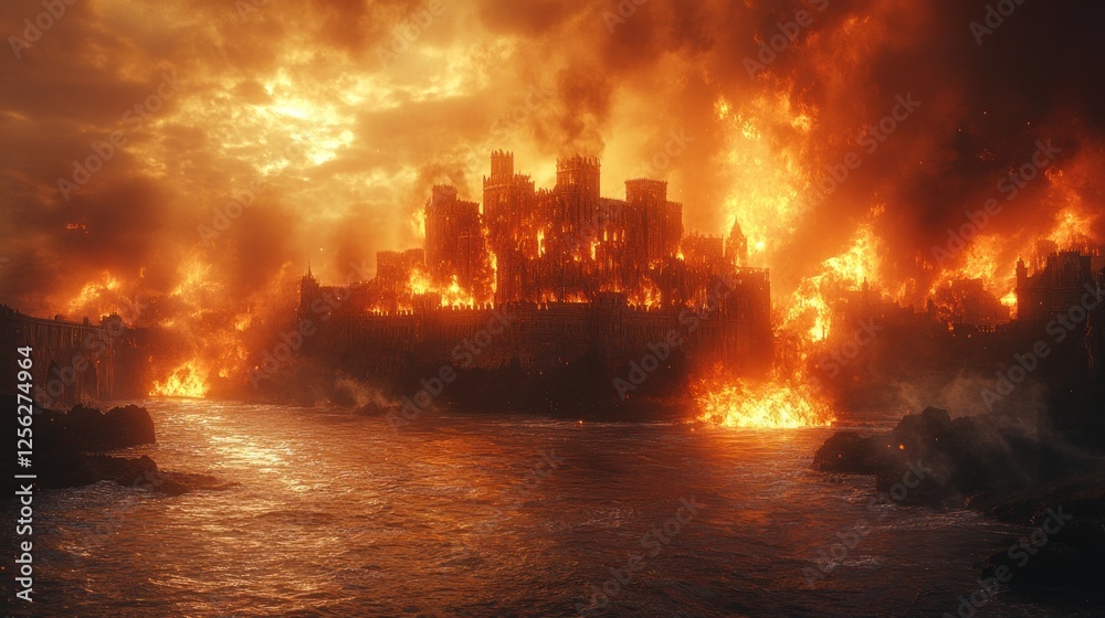 Naklejka premium Fiery Castle Under Siege A Dramatic Scene of Flames and Smoke Surrounding a Medieval Fortress