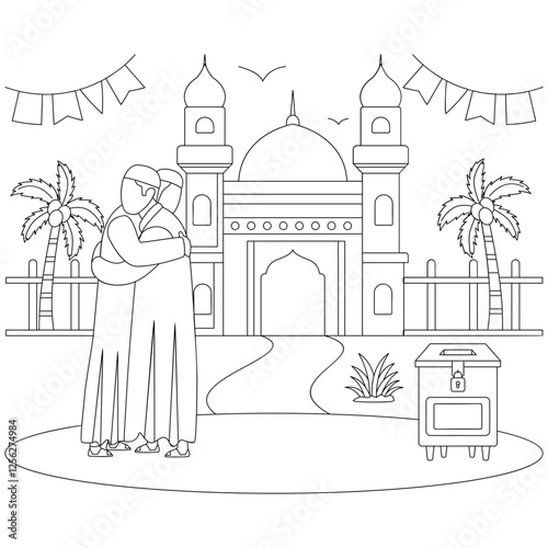 expressing love brotherhood outside vector icon design ramadan and Eid al-Fitr outline, Muslim fasting month sketch Arabic holidays illustration, Two men are warmly embracing and wearing thobe Concept